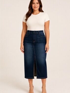 NWT Halara Flex High Rise Stretch Denim Midi Skirt Front Slit M